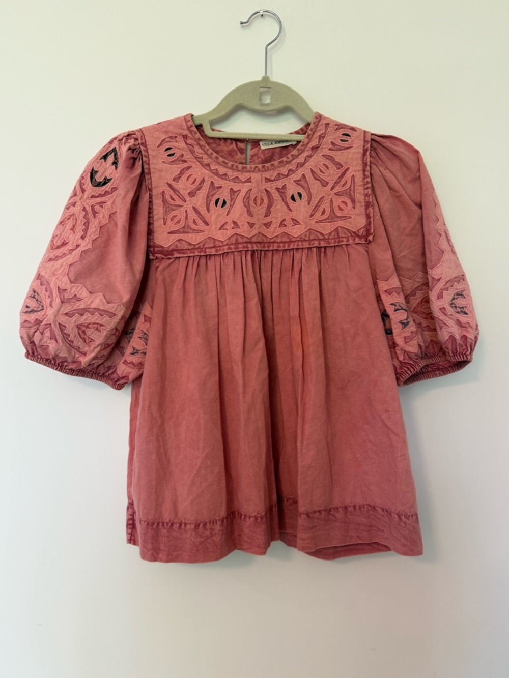 Ulla Johnson Aleida Puff Sleeve Embroidered Top in Sunbleached Rose - Size 4